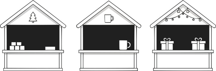 Minimalist Christmas market stall icon set, holiday fair booth line art collection, winter festival vendor illustration