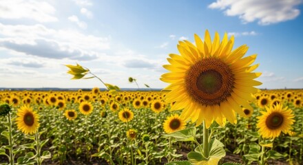 Radiant sunflowers in a sun-drenched field under a serene sky backdrop