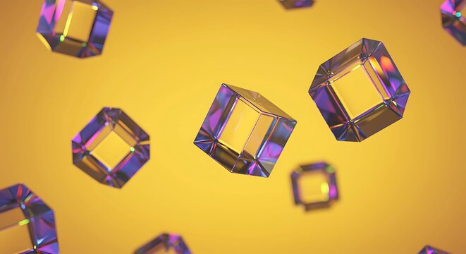 Abstract 3D render of glass cubes on yellow background iridescent - Powered by Adobe