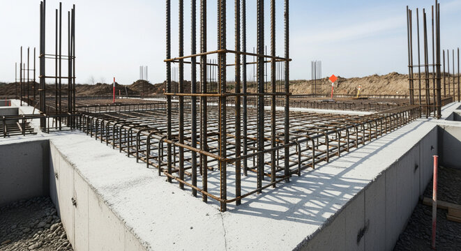 Architectural detail of a newly poured concrete foundation for a house, with visible steel rebar extending upwards. The site is clean and orderly, representing the beginning of construction. Foundatio