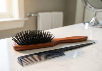 Hair care essentials showcasing a wooden brush and black comb on vanity top