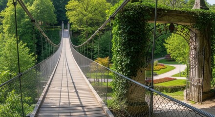 Suspension bridge leading to a vibrant garden through an arched gateway