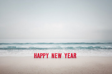 "Happy New Year" Red Text Sign on a Sandy Beach with Ocean Waves at Sunset - Holiday Getaway Concept