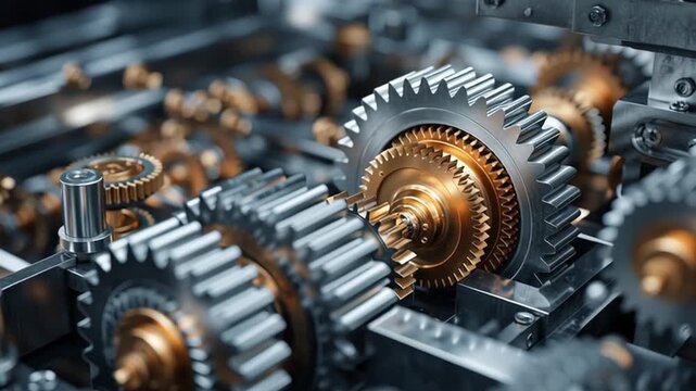 Mechanical Harmony: An intricate assembly of gears, gleaming with metallic precision, interlocks in a dynamic display of engineering. Capture the details, the metallic shine.