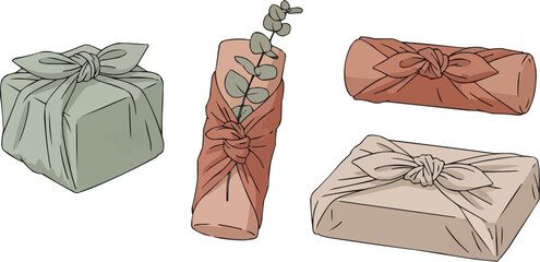 Furoshiki gift wrapping set. Sustainable Christmas presents wrapped in eco-friendly fabric. Boho vector illustration.