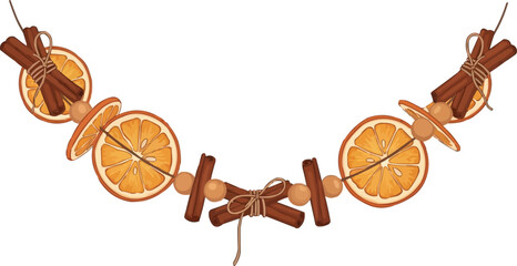 Natural Christmas garland vector. Hand-drawn illustration of dried orange slices, cinnamon sticks, and beads. Rustic holiday decoration.