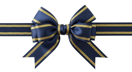  Festive navy blue gold striped ribbon bow Christmas decoration on a transparent background, PNG image, PNG file