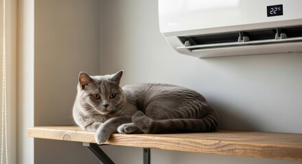 Relaxed british shorthair cat enjoys air conditioning on a wooden shelf