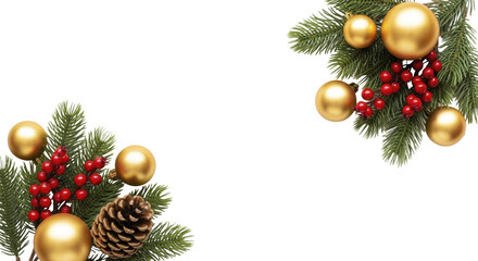  Festive Christmas pine branches with gold ornaments red berries pine cone on a transparent background, PNG image, PNG file