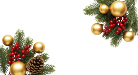  Festive Christmas pine branches with gold ornaments red berries pine cone on a transparent background, PNG image, PNG file