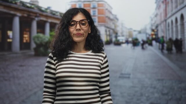 Woman points finger to camera on a cobblestone street, wearing glasses and striped shirt, smiling with curly brunette hair; confidence playfulness.