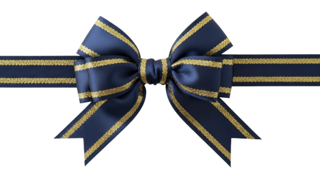  Festive navy blue gold striped ribbon bow Christmas decoration on a transparent background, PNG image, PNG file