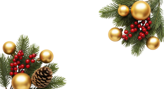  Festive Christmas pine branches with gold ornaments red berries pine cone on a transparent background, PNG image, PNG file