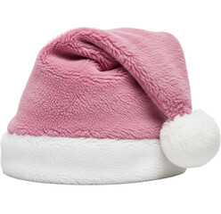 Pink fluffy Santa hat with white trim and pompom on a transparent background, PNG image, PNG file