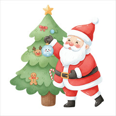 Santa Decorating Christmas Tree Watercolor Vector
