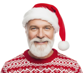 Jolly older man dressed as Santa Claus with red hat and sweater on a transparent background PNG file