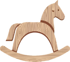 Vintage wooden rocking horse toy, minimalist rustic Christmas decoration with wood grain texture