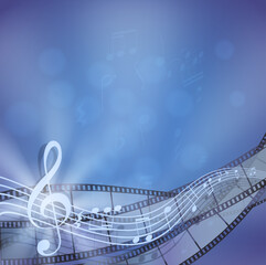 Abstract blue background with musical notes and film strip. Concept of music, cinema, soundtrack composition, audiovisual art, entertainment and multimedia creativity.