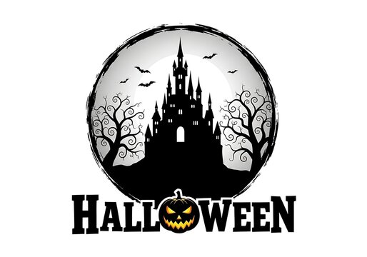 Silhouette of a haunted castle and spooky trees against a full moon with bats flying, with the word halloween and a jackolantern, isolated on white background