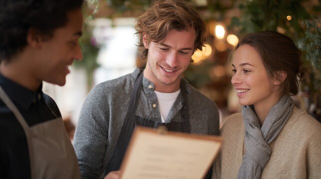 Three people, two men and a woman, standing in a restaurant or cafe. the man on the left is wearing a black apron and is holding a menu in his hand.