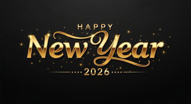 Elegant golden happy new year text with the year 2026 beautifully rendered in a luxurious script on a dark background with subtle sparkling confetti