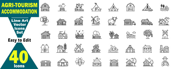 Agritourism Accommodation Line Icons Vector Set. Farm Stay House Vacation, Rural Tourism, Holiday, Lodging, Countryside, Cabin Nature, Agritourism elements. 