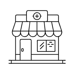 A clean line art icon of a pharmacy building, featuring a cross sign and storefront details, symbolizing health and medication services