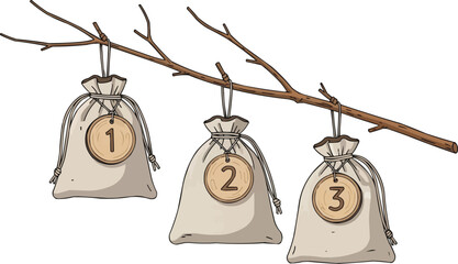 Vector illustration of numbered linen bags hanging on tree branch, eco-friendly reusable storage concept