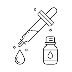 A black and white line drawing of a dropper with a drop of liquid falling, next to a small bottle with a drop symbol on it