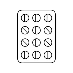 A blister pack containing twelve round pills, with a diagonal line across each pill