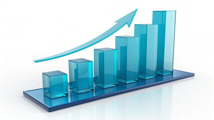 "Dynamic teal 3D bar chart illustration with motion light effects, arrow glowing with ‘Business Growth’, ‘Market Uptrend’, and ‘Success +20%’ text. Financial analytics concept. Transparent PNG render.