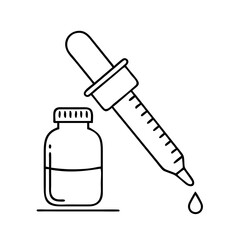 A black and white line drawing of a dropper with a drop of liquid falling, positioned next to a small bottle