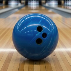 Striking shot of a vibrant blue bowling ball on a polished wooden lane