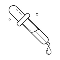 A black and white line drawing of a dropper with a drop of liquid falling from its tip