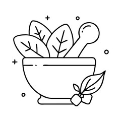 Mortar and pestle with leaves, representing herbal medicine and natural remedies