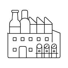 A simple line art icon representing a factory with bottles on top, symbolizing production and industry