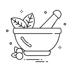 Mortar and pestle with leaves and berries, representing herbal medicine and natural remedies