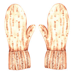 Beige knitted mittens painted with watercolors. White background. Suitable for printing Christmas cards, winter greeting designs, and fabrics