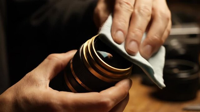 Person Carefully Cleaning a Camera Lens with Soft Cloth