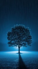 Monochromatic serenity single tree standing in field under a rainy night