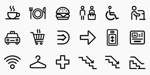Toilet, food court, elevator, exit door and public navigation concept editable stroke outline icons set.court, disabled, hospital, sex, signs, arrow, down, emergency, exit, ladder, lift, navigation, 
