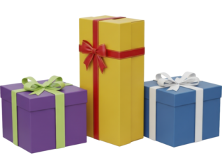 Three colorful Christmas gift boxes with ribbons and bows on a transparent background, PNG image, PNG file