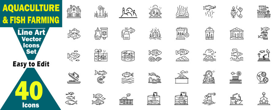 Aquaculture Fish Farming Line Art Vector Icons Set. Pisciculture Farming Production Fishery, Business System Equipment, Harvest Seafood Vector Illustration.