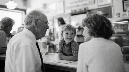 Black and white photograph of an elderly man and a young boy sitting at a counter in a diner.