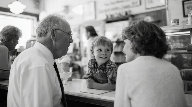 Black and white photograph of an elderly man and a young boy sitting at a counter in a diner. - Powered by Adobe