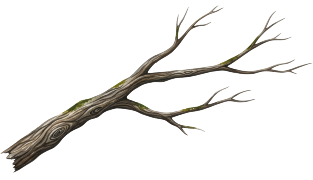  Gnarled bare tree branch with green moss on a transparent background, PNG image, PNG file