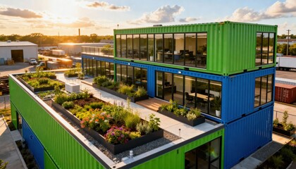 Fototapeta premium Sustainable Architecture Marvel: An innovative building crafted from repurposed shipping containers, adorned with a vibrant rooftop garden, blending industrial design with nature.