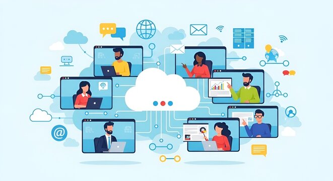 Illustration of cloud computing with people in video calls and data transfer in a network system - Powered by Adobe