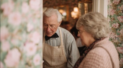 Elderly couple standing in a room with floral wallpaper. the man is wearing a beige apron and a black bow tie, and he is looking down at the woman with a serious expression on his face.