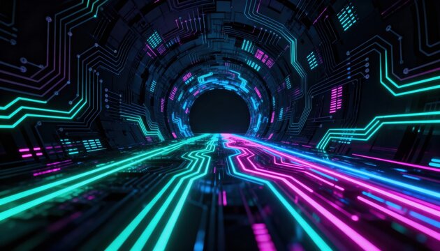Cyber Tunnel: Immerse yourself in the futuristic design of a cyber tunnel, with vibrant neon lights illuminating intricate circuit board pathways, leading toward an unknown destination.